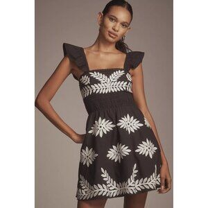 Anthropologie Ruffle-Strap Embroidered Smocked Mini Dress Black Women's M